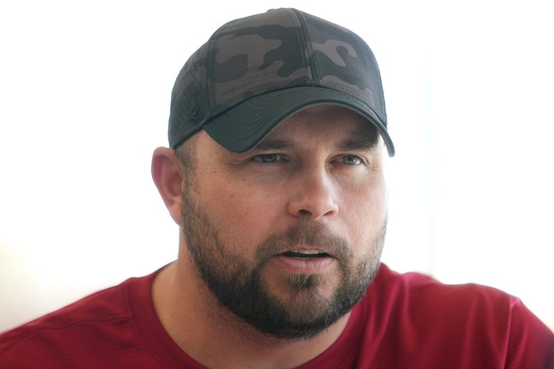 Mar 8, 2023; Tempe, AZ, USA; Arizona Cardinals offensive line coach Klayton Adams speaks with the media as he is introduced as a new hire with fellow coaches at Arizona Cardinals facility.

Nfl Cardinals Offensive Assistant Coaches Introduction