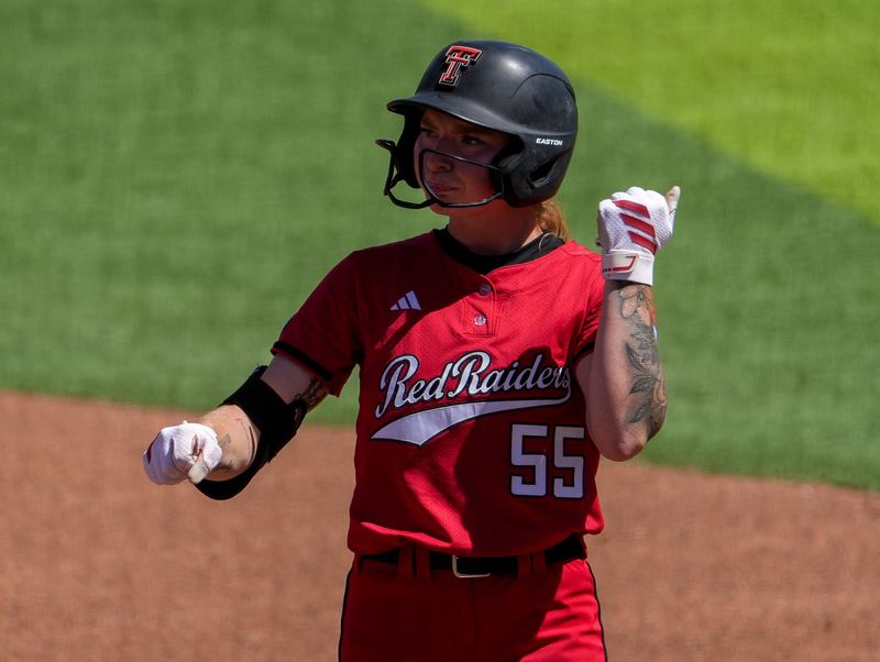 Texas Tech's Kaitlyn Terry reacts to a hit against Ole Miss during the Lubbock Regional of the NCAA Division I softball tournament, Sunday, May 17, 2026, at Tracy Sellers Field.