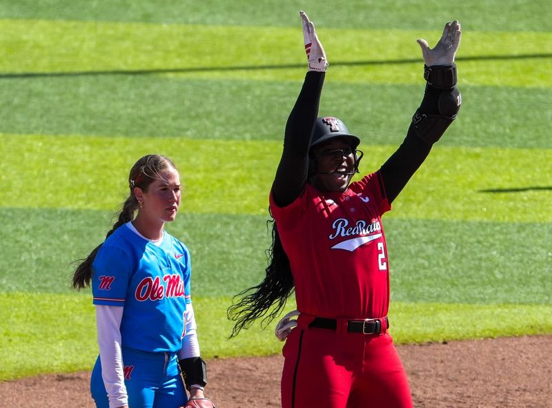 Texas Tech's NiJaree Canady celebrates her two-run double against Ole Miss during the Lubbock Regional of the NCAA Division I softball tournament, Sunday, May 17, 2026, at Tracy Sellers Field.