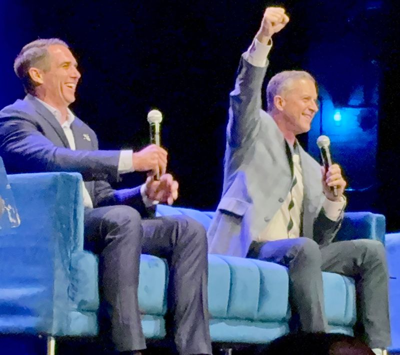 New York Giants head coach John Harbaugh, right, and general manager Joe Schoen, left, speak to the crowd inside Beacon Theatre at the team's Town Hall event on Monday, May 18, 2026.
