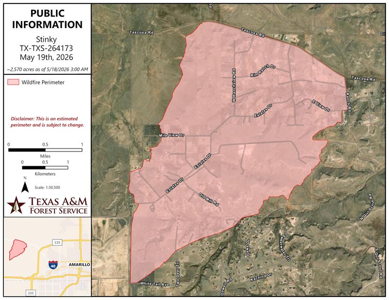 The Texas A&M Forest Service released this perimeter map of the Stinky Fire, which was an estimated 2,570 acres and 20% contained as of early May 19.
