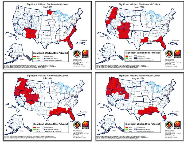 In 2026, most of New Mexico and Arizona are expected to have above normal potential for significant wildfires in May and June, while Texas is predicted to be normal, according to predictions released by the National Interagency Fire Center.