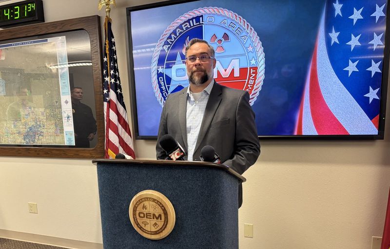 Amarillo Director of Emergency Management Max Dunlap gives updates on the fires off Tascosa Road and the starting of re-entry for residents who had been evacuated to go in to check their property and belongings, during a press briefing on Tuesday, May 19.
