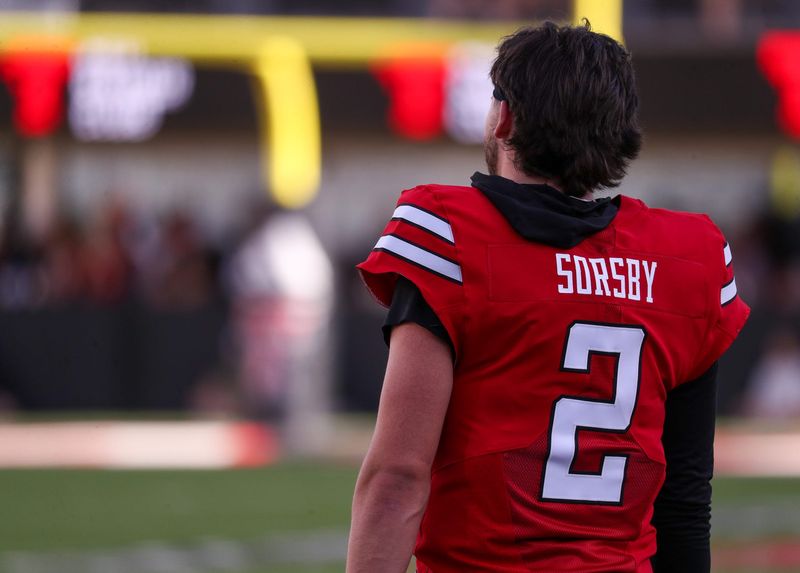 Texas Tech's Brendan Sorsby looks on during the spring football game, Friday, April 17, 2026, at Jones AT&T Stadium.