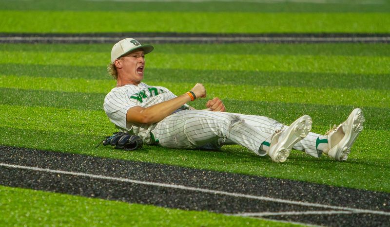 Wall baseball's Kellan Oliver (9) celebrates after getting the last out against Jacksboro in Game 2 of the Class 3A DII Region I final at ACU's Crutcher Scott Field in Abilene on Thursday, May 21, 2026.