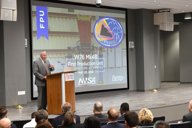 PanTeXas Deterrence LLC President and General Manager Kelly Beierschmitt welcomes the crowd at the John C. Drummond auditorium at the beginning of Wednesday's event celebrating the First Production Unit (FPU) of the W76 Mk4B at Pantex.