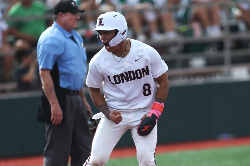 London's Christian Olivares celebrates after scoring a run during Game 2 of the Region IV-3A Division I final series against Falfurrias at Robstown's Steve Castro Field on Friday, May 22, 2026.