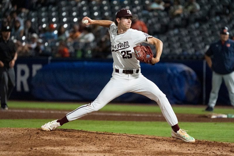 Texas A&M Aggies' Clayton Freshcorn (25) pitches as Auburn Tigers take on Texas A&M Aggies during the SEC baseball tournament at Hoover Metropolitan Stadium at Legacy Arena in Hoover, Ala. on Friday, May 22, 2026. Auburn Tigers defeated Texas A&M Aggies 7-0.
