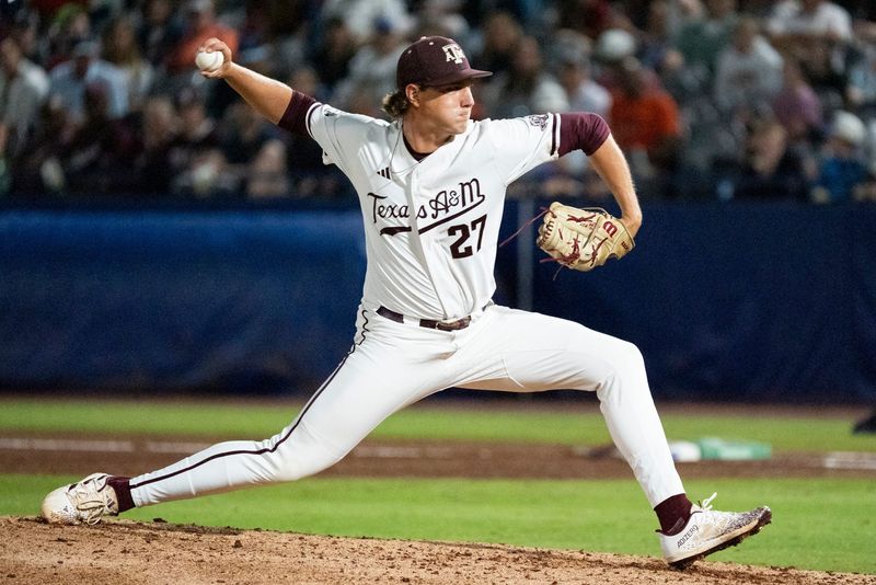 Texas A&M Aggies' Gavin Lyons (27) pitches as Auburn Tigers take on Texas A&M Aggies during the SEC baseball tournament at Hoover Metropolitan Stadium at Legacy Arena in Hoover, Ala. on Friday, May 22, 2026.