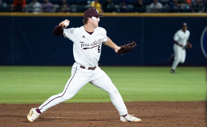 Texas A&M Aggies' Boston Kellner (6) throws the ball to first base as Auburn Tigers take on Texas A&M Aggies during the SEC baseball tournament at Hoover Metropolitan Stadium at Legacy Arena in Hoover, Ala. on Friday, May 22, 2026.