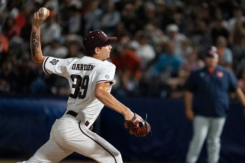 Texas A&M Aggies' Ethan Darden (39) pitches as Auburn Tigers take on Texas A&M Aggies during the SEC baseball tournament at Hoover Metropolitan Stadium at Legacy Arena in Hoover, Ala. on Friday, May 22, 2026.
