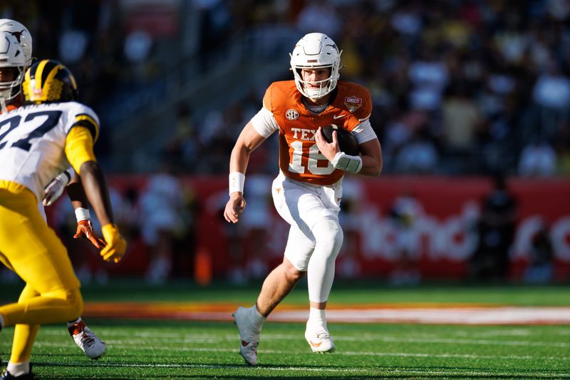 Dec 31, 2025; Orlando, FL, USA; Texas Longhorns quarterback Arch Manning (16) runs with the ball against the Michigan Wolverines during the first half at Camping World Stadium. Mandatory Credit: Matt Pendleton-Imagn Images