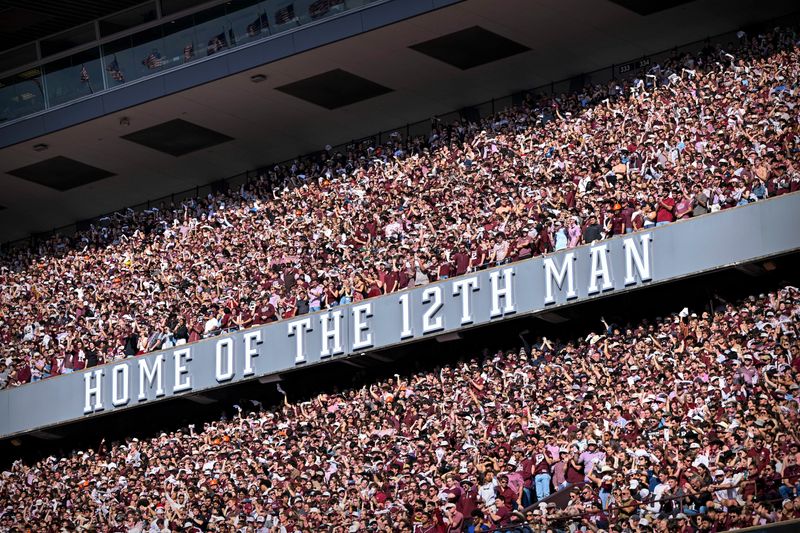 Dec 20, 2025; College Station, TX, USA; A view of the fans and the 12th man logo during the game between the Texas A&M Aggies and the Miami Hurricanes at Kyle Field. Mandatory Credit: Jerome Miron-Imagn Images