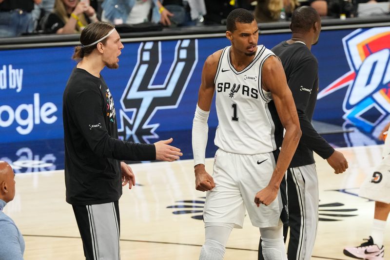 San Antonio Spurs center Victor Wembanyama reacts after the second quarter against the Oklahoma City Thunder during Game 4 at Frost Bank Center on May 24, 2026.