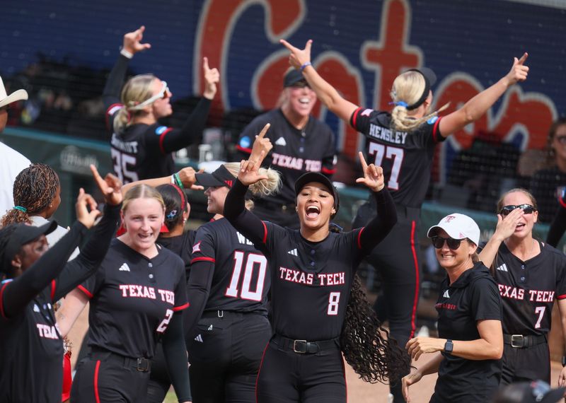 Texas Tech celebrates their 16-7 won over Florida and and mock Florida fans during game 3 of the super regional of the NCAA Division 1 softball championship at Katie Seashole Pressly Stadium in Gainesville, FL on Sunday, May 24, 2026. [Alan Youngblood/Gainesville Sun]