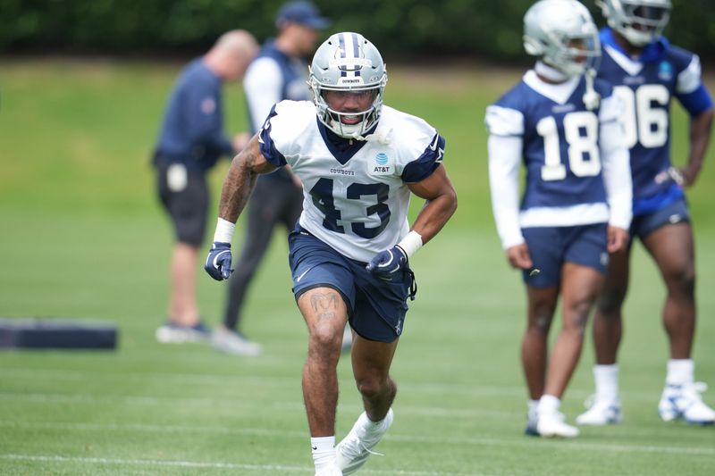 May 1, 2026; Frisco, TX, USA; Dallas Cowboys running back Dominic Richardson (43) goes through a drill during practice at the Ford Center at the Star Training Facility in Frisco, Texas. Mandatory Credit: Chris Jones-Imagn Images