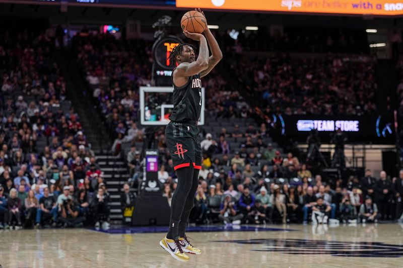 Jan 11, 2026; Sacramento, California, USA; Houston Rockets forward Dorian Finney-Smith (2) shoots a three point basket during the fourth quarter against the Sacramento Kings at Golden 1 Center. Mandatory Credit: Justine Willard-Imagn Images