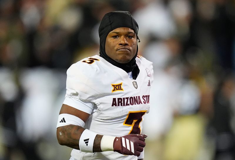 Nov 22, 2025; Boulder, Colorado, USA; Arizona State Sun Devils running back Raleek Brown (3) before the game against the Colorado Buffaloes at Folsom Field. Mandatory Credit: Ron Chenoy-Imagn Images