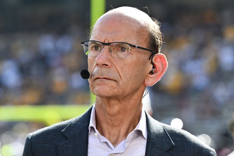 Oct 5, 2024; College Station, Texas, USA; SEC Nation analyst Paul Finebaum looks on prior to the game between the Texas A&M Aggies and the Missouri Tigers at Kyle Field. Mandatory Credit: Maria Lysaker-Imagn Images.