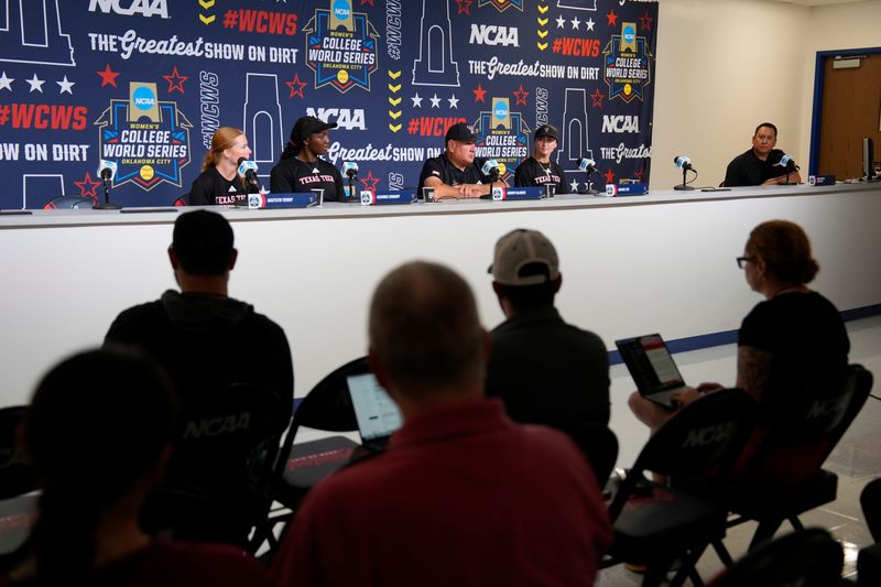 Texas Tech interviews during the Women's College World Series (WCWS) media day at Devon Park in Oklahoma City, Wednesday, May 27, 2026.