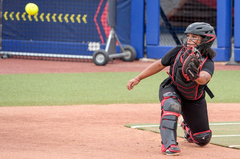 Jasmyn Burns and the Texas Tech softball team practice at Devon Park ahead of the Women's College World Series in Oklahoma City, on Wednesday, May 27, 2026. NATHAN J. FISH/THE OKLAHOMAN, NATHAN J. FISH/THE OKLAHOMAN / USA TODAY NETWORK via Imagn Images