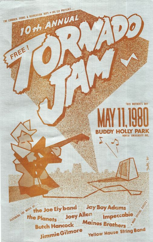 A poster of the first Tornado Jam, which featured mostly local performers, in May 1980 near Lubbock. The festival celebrated 10 years of progress since the 1970 Lubbock tornado devastated the city.