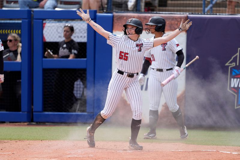 Texas Tech Kaitlyn Terry (55) celebrates after scoring a run in the fifth inning as Texas Tech gets a run-rule victory during a Women's College World Series softball game between the Texas Tech Red Raiders and the Mississippi State Bulldogs at Devon Park in Oklahoma City, Thursday, May 28, 2026. Texas Tech won 8-0.