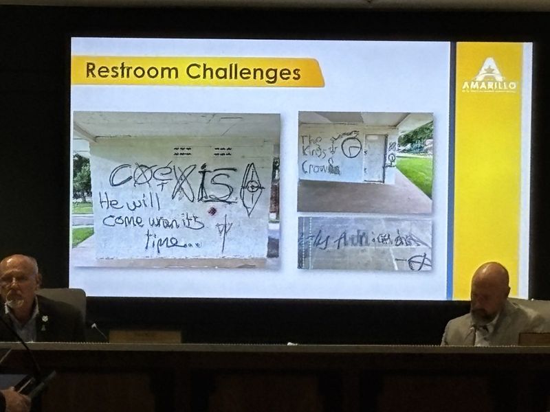 Slides shown by Michael Kashuba, Director of Amarillo Parks & Recreation, show vandalism done to city and school park's restrooms, causing closures.
