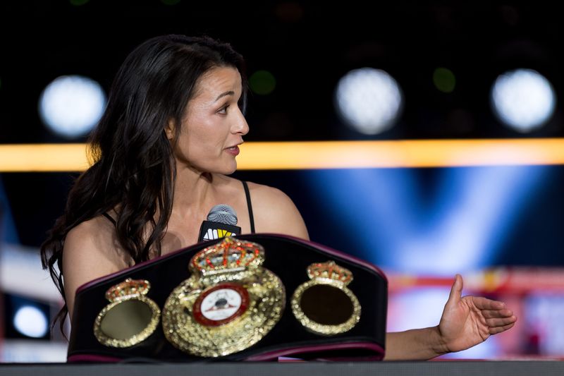 El Paso boxer Stephanie Han speaks during a news conference Thursday, May 28, 2026, at El Paso County Coliseum before her rematch against Holly Holm on the MVPW-03 card.