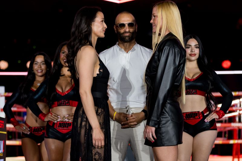 El Paso boxer Stephanie Han faces off with Albuquerque boxer Holly Holm during a news conference Thursday, May 28, 2026, at El Paso County Coliseum before their fight on the MVPW-03 card.
