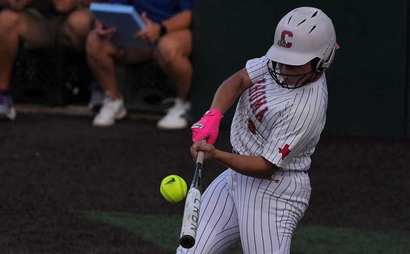 Coahoma's Addi Hart hits the ball against Santa Gertrudis Academy in the Class 3A Division II softball state championship Thursday, May 28, 2026, at McCombs Field in Austin.