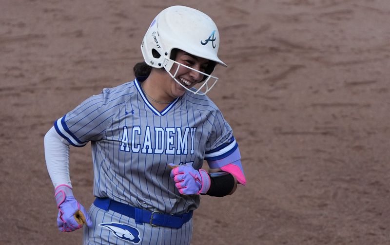 Santa Gertrudis Academy's K'Lee Bazan rounds the bases after hitting a home run against Coahoma in the Class 3A Division II softball state championship Thursday, May 28, 2026, at McCombs Field in Austin.