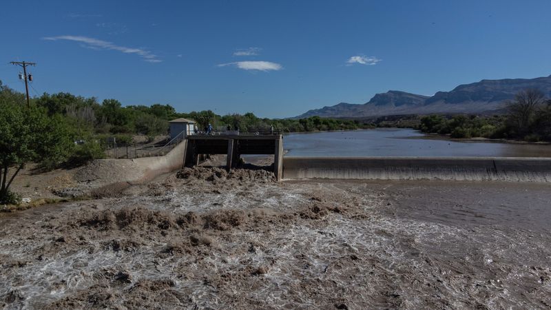 Water passes through Percha Dam on the Rio Grande in New Mexico at a rate of 2,800 cubic feet per second on the first day of the 2026 water delivery toward American Dam in El Paso, Texas, on May 30, 2026.