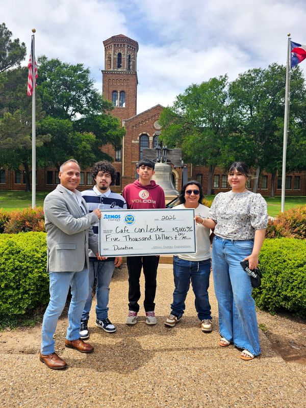 Café Con Leche Founder and Executive Director Gonzalo Robles, along with mentors in the nonprofit's Road to College program, were presented a donation of $5,000 from Atmos Energy April 20, 2026. Café Con Leche is a Wichita Falls nonprofit that assists parents and students in learning about educational opportunities beyond high school.