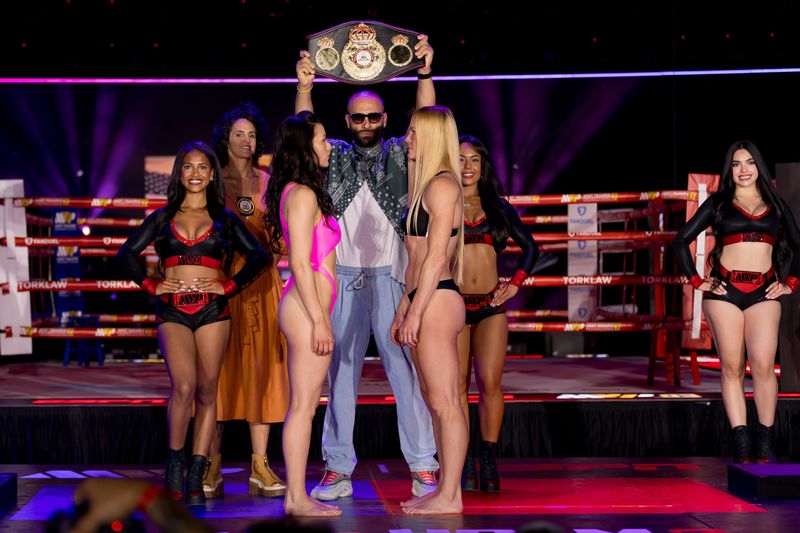 El Paso boxer Stephanie Han faces off with Albuquerque boxer Holly Holm during weigh-ins Friday, May 29, 2026, at the El Paso County Coliseum before their rematch on the MVPW-03 card.