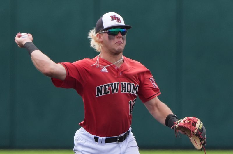 New Home's Ryder Starkey throws the ball against Tom Bean in Game 3 of a Class 2A Division I state semifinal baseball series Saturday, May 30, 2026, at Crutcher Scott Field in Abilene.