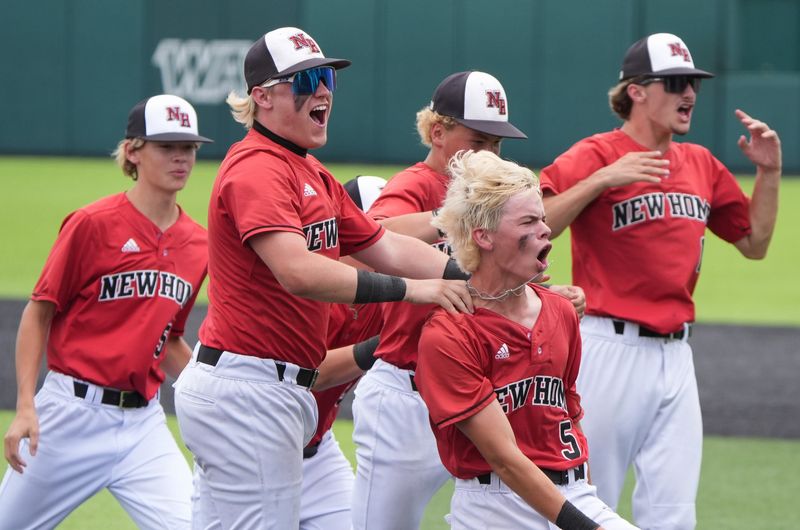 New Home celebrates its win over Tom Bean in Game 3 of a Class 2A Division I state semifinal baseball series Saturday, May 30, 2026, at Crutcher Scott Field in Abilene.