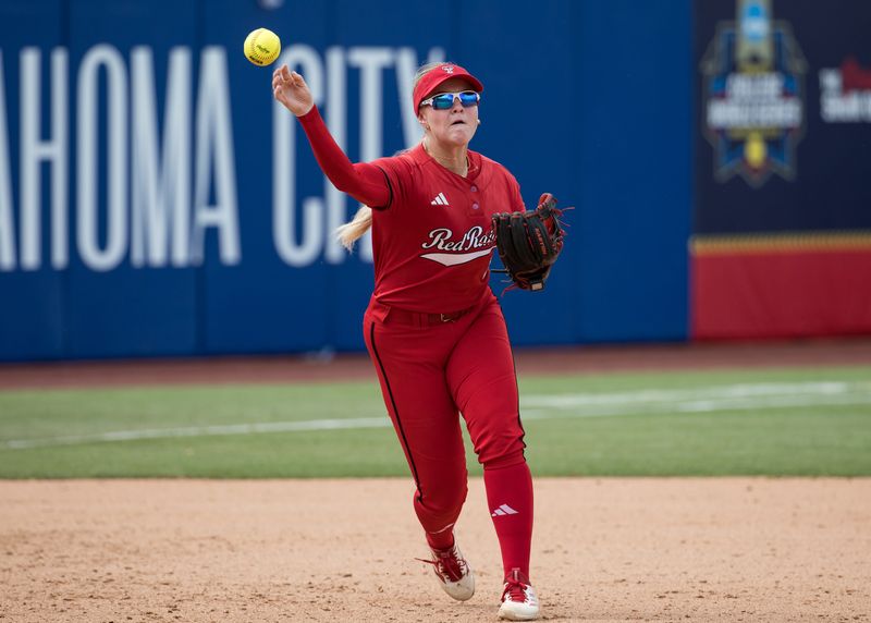 May 30, 2026; Oklahoma City, OK, USA; Texas Tech Red Raiders third baseman Taylor Pannell (6) throws to first base for an out in the sixth inning against the Tennessee Lady Volunteers during the NCAA WomenÕs College World Series at Devon Park. Mandatory Credit: Brett Rojo-Imagn Images