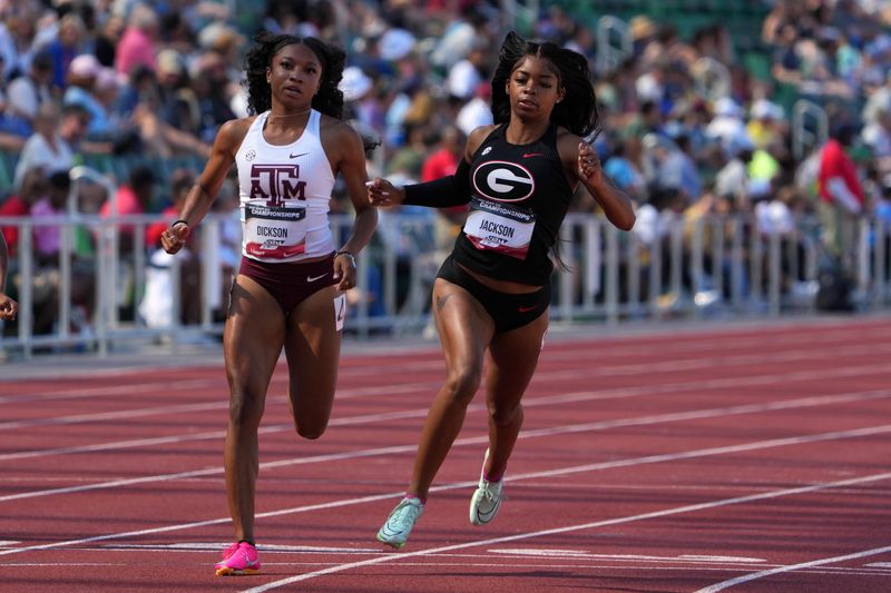 Jul 8, 2023; Eugene, OR, USA; Kaila Jackson of Georgia defeats Camryn Dickson of Texas A&M to win the women's U20 100m in 11.15 during the USATF Championships at Hayward Field. Mandatory Credit: Kirby Lee-USA TODAY Sports
