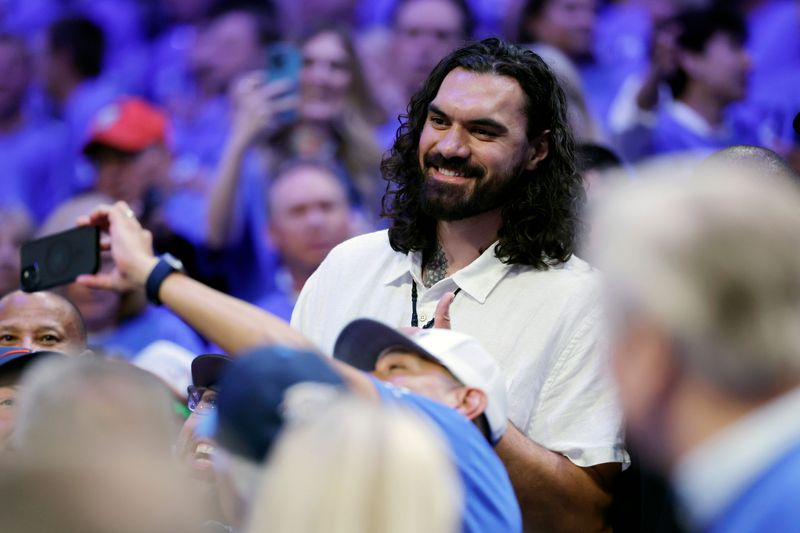 May 30, 2026; Oklahoma City, Oklahoma, USA; Former NBA player Steven Adams looks on in the second half between the Oklahoma City Thunder and the San Antonio Spurs during game seven of the western conference finals for the 2026 NBA playoffs at Paycom Center. Mandatory Credit: Alonzo Adams-Imagn Images