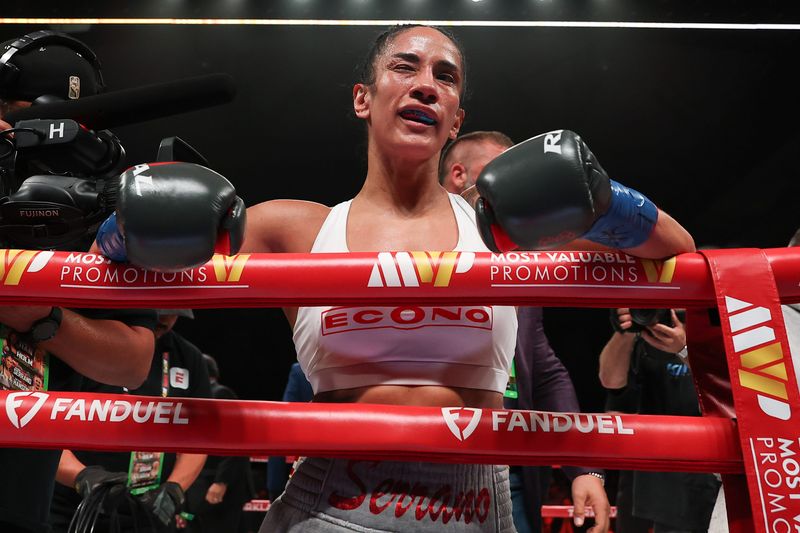 EL PASO, TEXAS - MAY 30: Amanda Serrano celebrates her stoppage win over Cheyenne Hanson at El Paso County Coliseum on May 30, 2026 in El Paso, Texas. (Photo by Ed Mulholland/Getty Images)