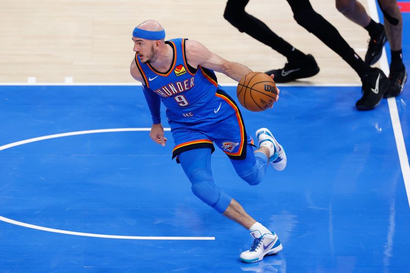 May 18, 2026; Oklahoma City, Oklahoma, USA; Oklahoma City Thunder guard Alex Caruso (9) moves the ball in the fourth quarter against the San Antonio Spurs during game one of the western conference finals for the 2026 NBA playoffs at Paycom Center.