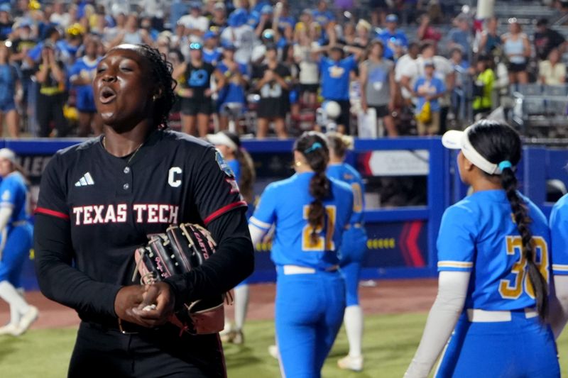 Texas Tech's Nijaree Canady (24) celebrates following a Women's College World Series softball game between Texas Tech Red Raiders and the UCLA Bruins at Devon Park in Oklahoma City, May 31, 2026.