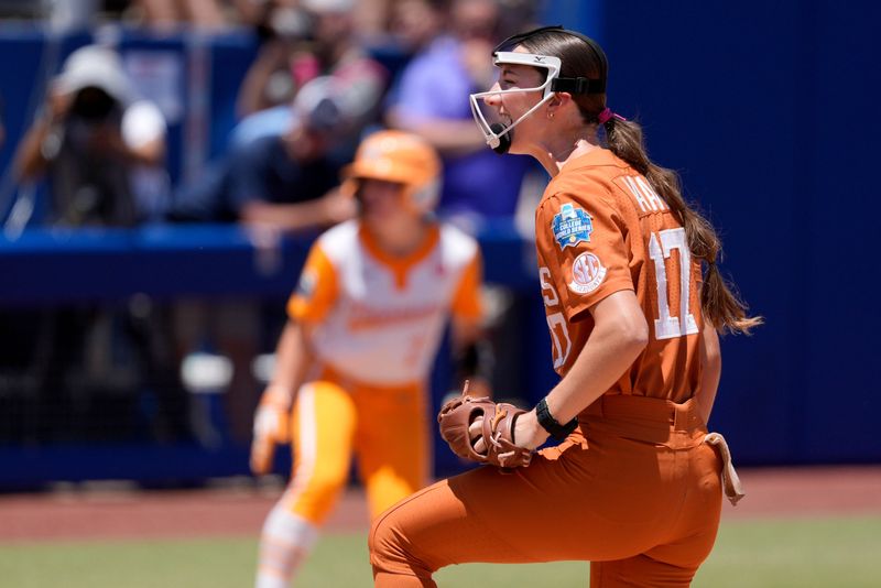 Texas Longhorns pitcher Teagan Kavan (17) celebrates after the final out in a Women's College World Series softball game between the University of Texas Longhorns and the Tennessee Lady Volunteers at Devon Park in Oklahoma City, Monday, June 1, 2026.