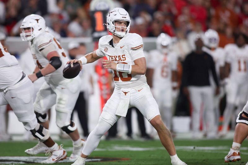 Nov 15, 2025; Athens, Georgia, USA; Texas Longhorns quarterback Arch Manning (16) looks to make a pass in the second half against the Georgia Bulldogs at Sanford Stadium. Mandatory Credit: Brett Davis-Imagn Images