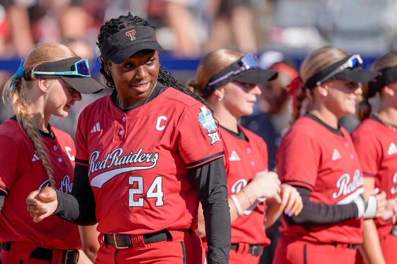 Texas Tech pitcher Nijaree Canady (24) walks on the field before a softball game at the Women’s College World Series between Texas Tech and Alabama at Devon Park in Oklahoma City, on Monday, June 1, 2026.