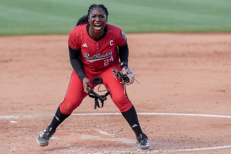 Texas Tech pitcher Nijaree Canady (24) celebrates a strikeout in the second inning during a softball game at the Women’s College World Series between Texas Tech and Alabama at Devon Park in Oklahoma City, on Monday, June 1, 2026.