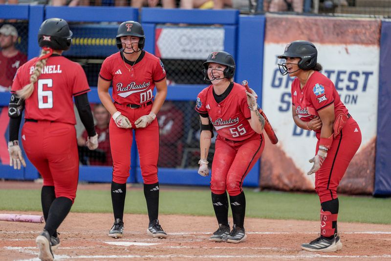 Texas Tech third baseman Taylor Pannell (6) hits a home run in the fifth inning during a softball game at the Women’s College World Series between Texas Tech and Alabama at Devon Park in Oklahoma City, on Monday, June 1, 2026.