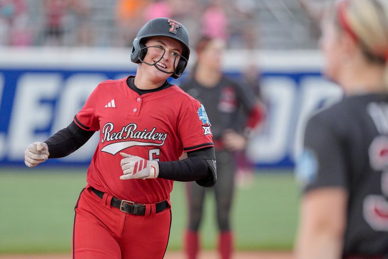 Texas Tech third baseman Taylor Pannell (6) hits a home run in the fifth inning during a softball game at the Women’s College World Series between Texas Tech and Alabama at Devon Park in Oklahoma City, on Monday, June 1, 2026.