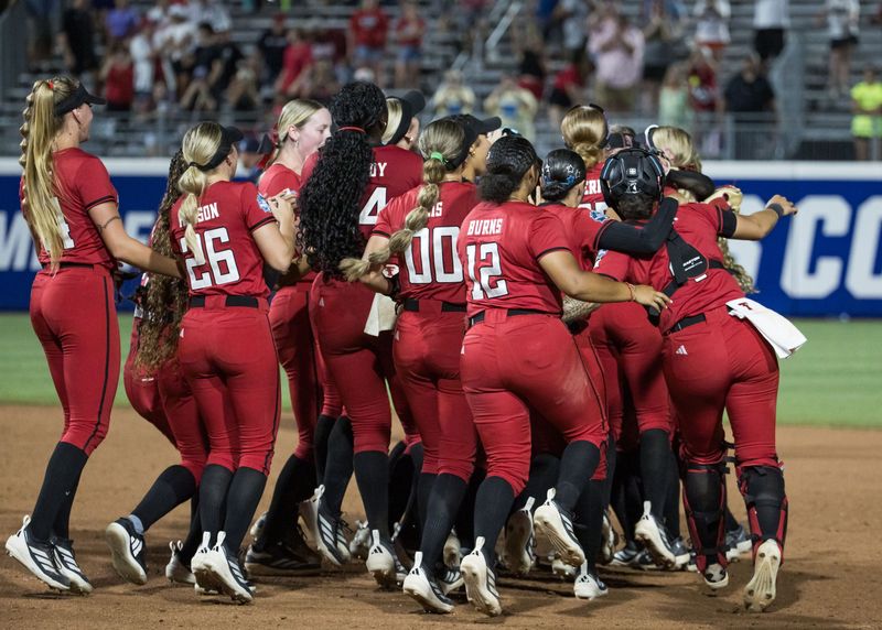 Jun 1, 2026; Oklahoma City, OK, USA; Texas Tech Red Raiders players celebrate after defeating the Alabama Crimson Tide and moving on to play in the final championship series against the Texas Longhorns during the NCAA Women’s College World Series at Devon Park. Mandatory Credit: Brett Rojo-Imagn Images